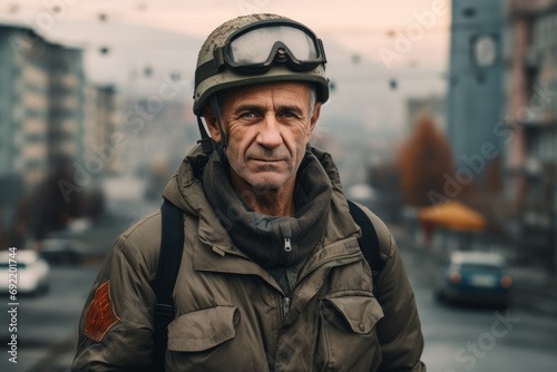 Portrait of an elderly man in a military helmet on the street