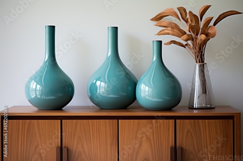 Teal ceramic vases on a walnut sideboard in a mid-century modern hallway
