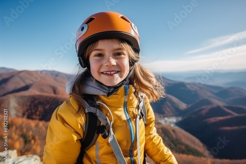 medium shot portrait photography of a pleased child girl that is wearing paragliding suit, helmet against paragliding over a scenic landscape background © PhotoFlex