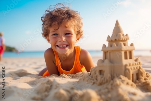 medium shot portrait photography of a pleased cute child that is wearing colorful beachwear. beach background