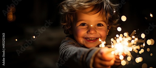 Child playing with glittery sparklers on a dark background