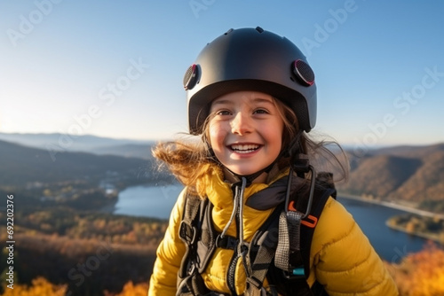 medium shot portrait photography of a pleased child girl that is wearing paragliding suit, helmet against paragliding over a scenic landscape background
