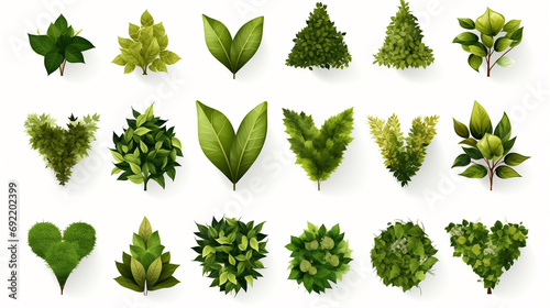 Green eco signs and plants collection in one image in different shapes. Small different shapes of plants in one image.Eco Collection