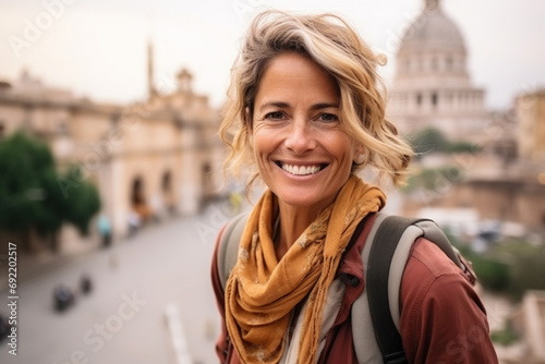 medium shot portrait photography of a a pleased woman in her 40s that is wearing sightseeing attire, camera against exploring and photographing a city background