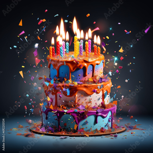 Tort urodzinowy, balony i konfetti photo