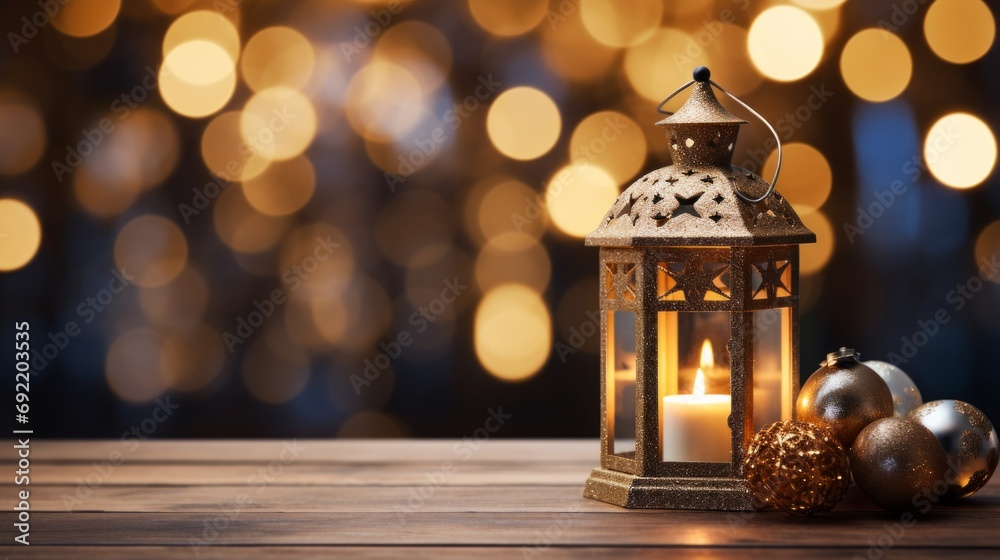 Christmas still life with candle, bokeh background, lantern and ornaments Christmas still life with candle, bokeh background, lantern and ornaments