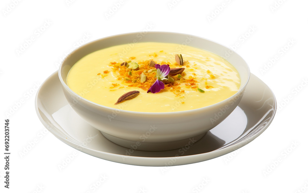 Saffron-Scented Indulgence: Creamy Phirni Delight Isolated on Transparent Background PNG.