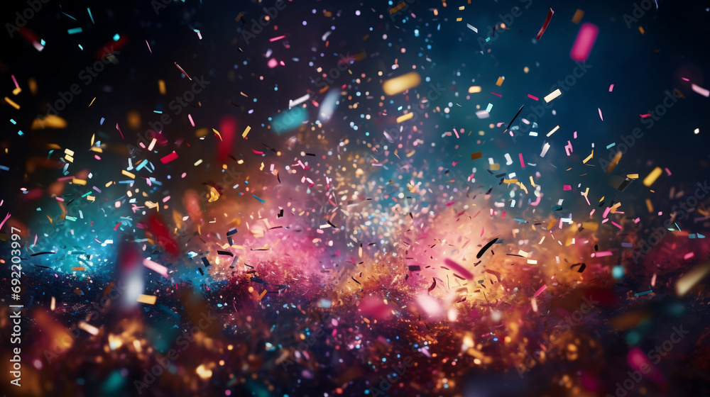 Celebration background template with confetti and variety colors ribbons. AI generative. - obrazy, fototapety, plakaty 