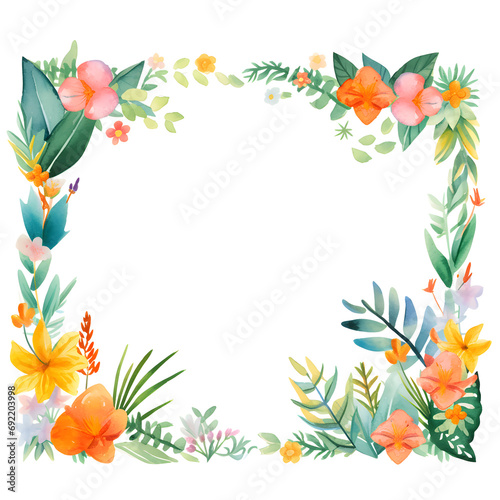 Watercolor frame with differents African  tropical plants and flowers  illustration for design  space for text. Invitation sample  