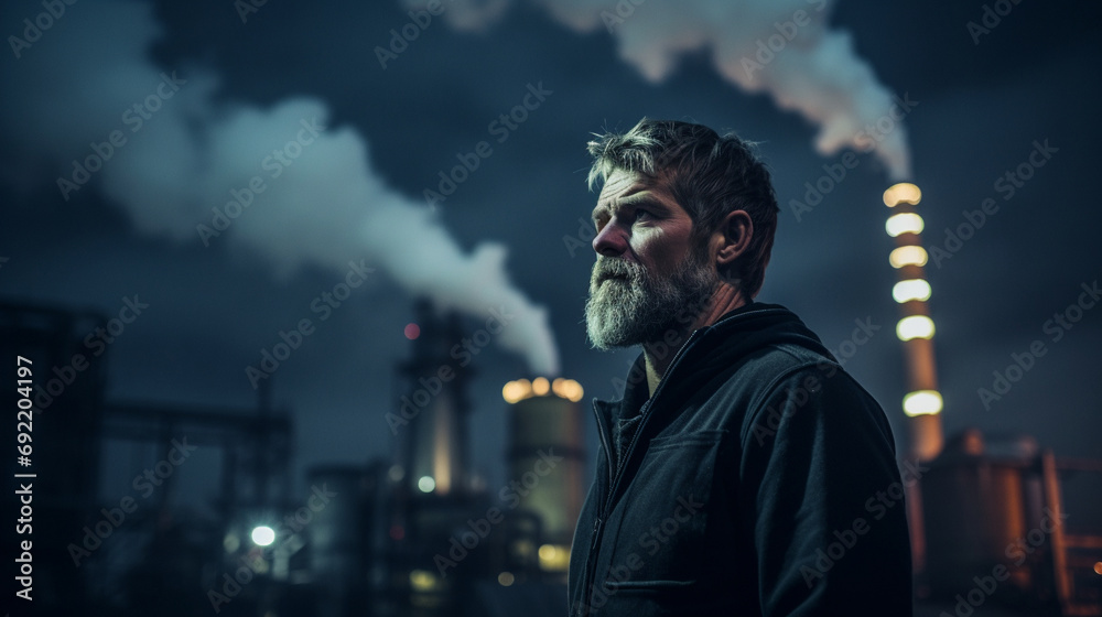 Portrait of an intense bearded male 47 years old standing on top of a skyscraper against a dark and gloomy night sky outdoors.