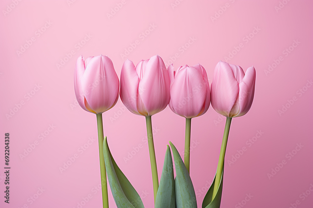 Fototapeta premium Frame with bouquet of Pink Tulips Flowers, Mother s Day, 8 March, anniversary, pink background. Empty Space