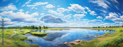 a clear blue sky and thin white clouds gracefully floating over the river, to convey the expansiveness and tranquility of the scene.