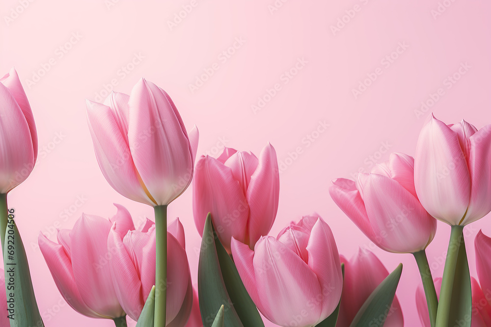 Fototapeta premium Frame with bouquet of Pink Tulips Flowers, Mother s Day, 8 March, anniversary, pink background. Empty Space