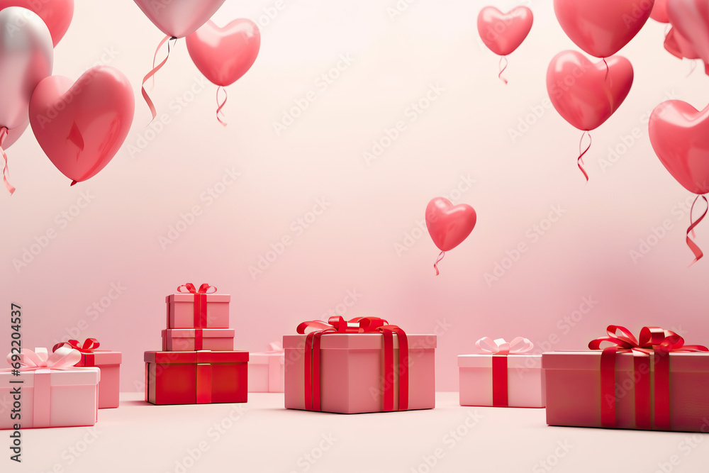 Valentine's day, Mother's Day, anniversary, birthday design concept - Heart helium pink balloon with gift box on pink floor, pink wall background.