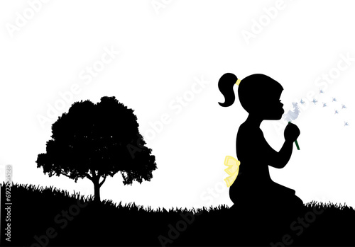 Silhouette illustration with splashes of color containing a child sitting in a grassy field blowing on a dandelion with a tree in the distance