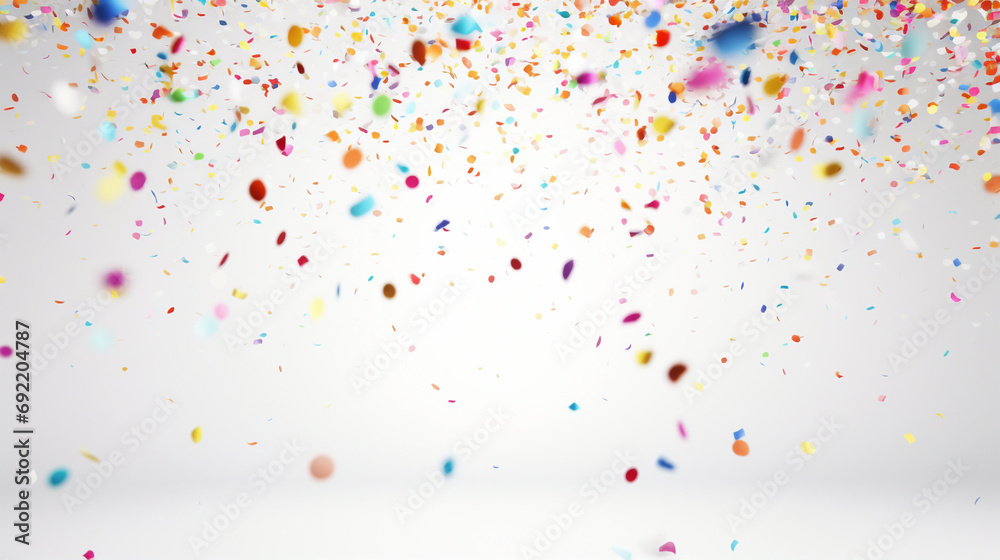 Celebration background template with confetti and variety colors ribbons. AI generative.