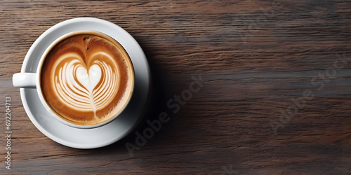 Cup of coffee with heart in the foam, wooden table