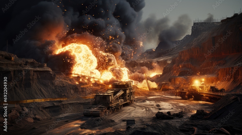the dynamic essence of open-pit mining showcasing explosive works, to emphasize the controlled force and power involved in the mining industry.