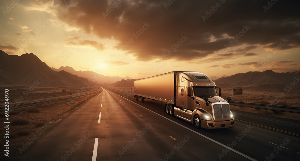 White blank truck on a highway in the desert