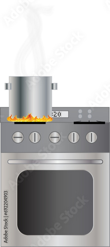Illustrated stainless steel stove gas with a pot sitting on a flaming burner