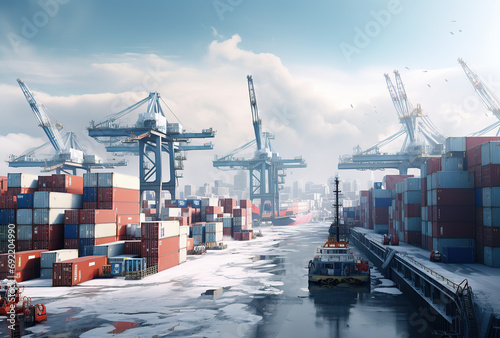 transport and logistics of truk container cargo ship in harbor.. 3d rendering and illustration.