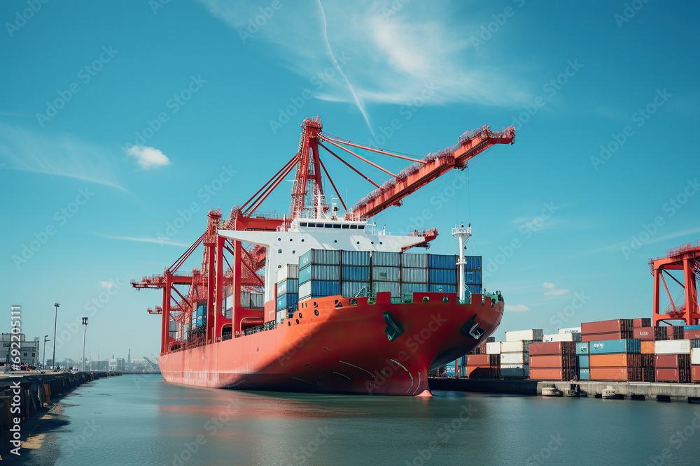 Naklejka premium transport and logistics of truk container cargo ship in harbor. 3d rendering and illustration.