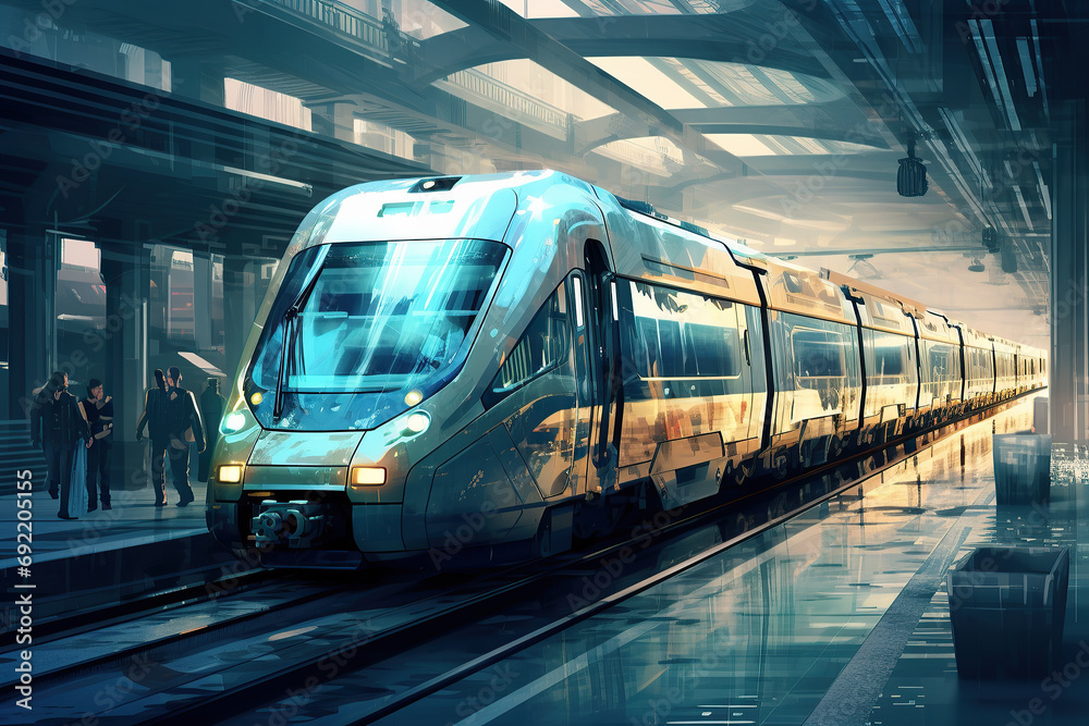 Fototapeta premium Ai generated image of futuristic train. Blue and yellow tones. 