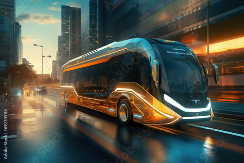 Ai generated image of futuristic bus. Blue and orange tones. © Koray