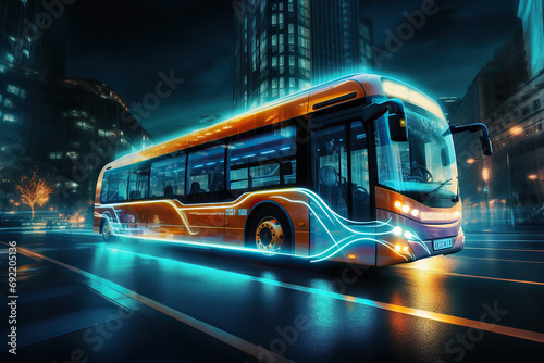 Ai generated image of futuristic bus. Blue and orange tones.