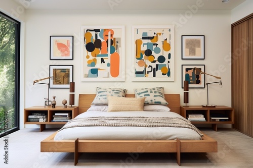 A mid-century bedroom with a platform bed, retro bedside tables, and a gallery wall of abstract art