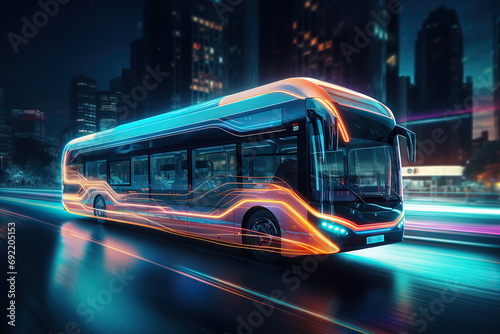 Ai generated image of futuristic bus. Blue and orange tones.