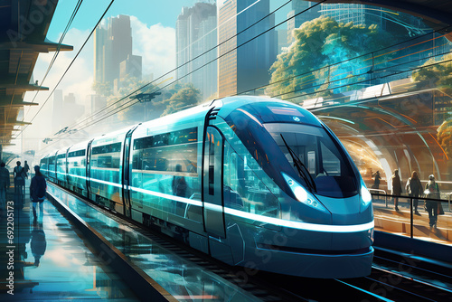 Ai generated image of futuristic train. Blue and yellow tones. 