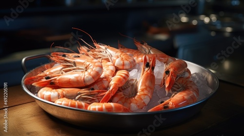 fresh shrimp presented on a plate, resting on a steel table in a modern kitchen, elegance and simplicity of seafood cuisine.