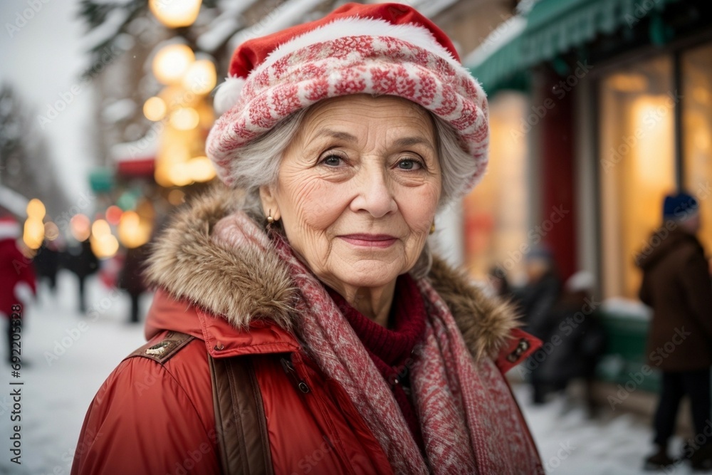 Beautiful awesome Russian old lady in Santa Claus hat, muffler and jacket. Fashionable Russian old lady in winter clothes over snowy background. Winter background in street blurry