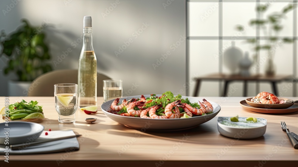 fresh shrimp presented on a plate, resting on a steel table in a modern kitchen, elegance and simplicity of seafood cuisine. fresh shrimp presented on a plate, resting on a steel table in a modern kitchen, elegance and simplicity of seafood cuisine.