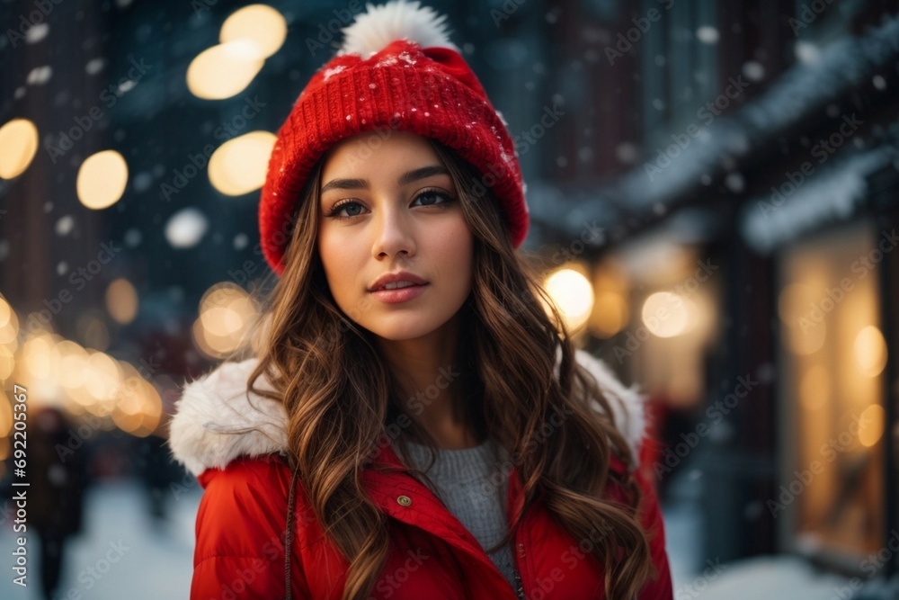 Beautiful awesome young woman in Santa Claus hat. Fashionable young woman in winter clothes over snowy background. Winter background in street blurry Beautiful awesome young woman in Santa Claus hat. Fashionable young woman in winter clothes over snowy background. Winter background in street blurry