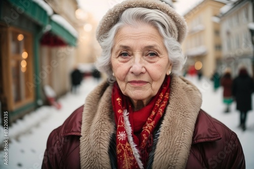 Beautiful awesome Russian old lady in Santa Claus hat, muffler and jacket. Fashionable Russian old lady in winter clothes over snowy background. Winter background in street blurry © SLP Creative