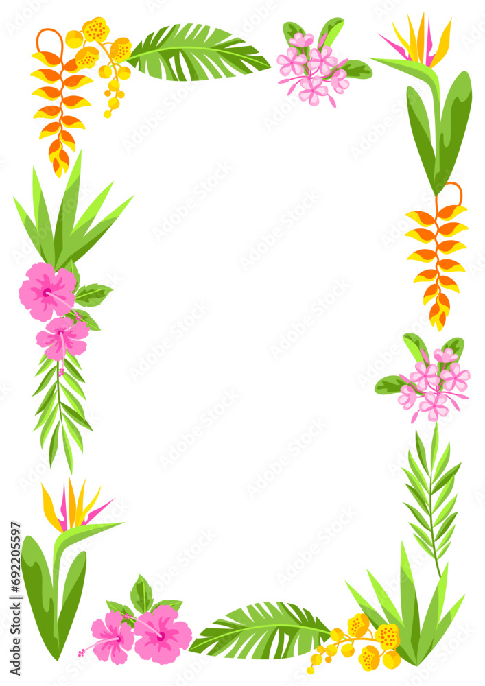 Frame with tropical flowers. Decorative exotic foliage and plants.