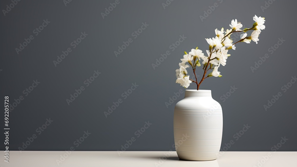 a white ceramic jar designed for flowers, in a minimalist modern style to accentuate the purity and contemporary aesthetics of floral arrangements.