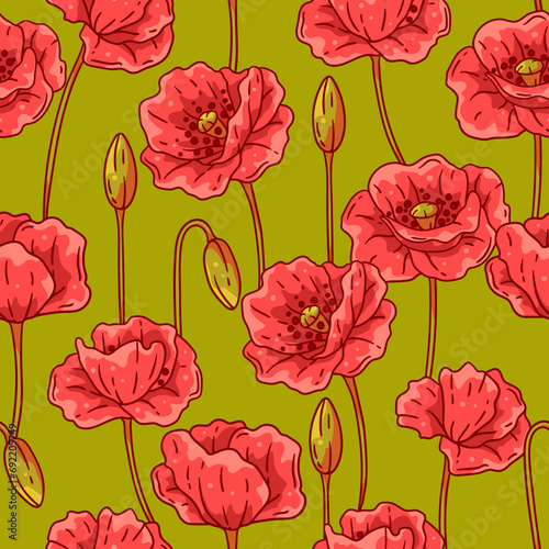 Pattern with poppies flowers. Beautiful decorative plants.