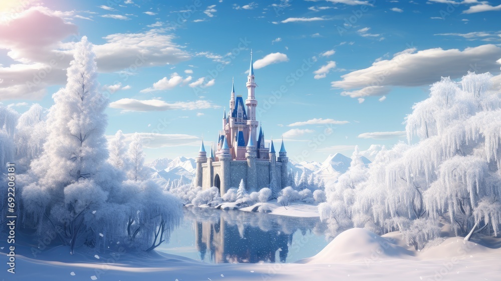 a snowy landscape and a view of a snow-covered castle, the composition to convey the serenity and magic of winter in a minimalist modern style.