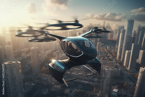 Flying car in sky. Electric air car flight above a cityscape. Future Flying Mobility. Futuristic Flying Transport. Urban Air Mobility, Flying unmanned car. Fly cars in drive in sky. Self driving