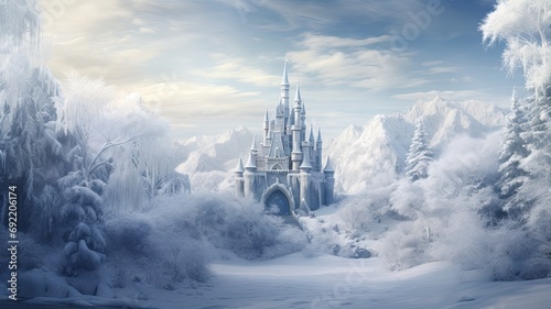 a snowy landscape and a view of a snow-covered castle  the composition to convey the serenity and magic of winter in a minimalist modern style.
