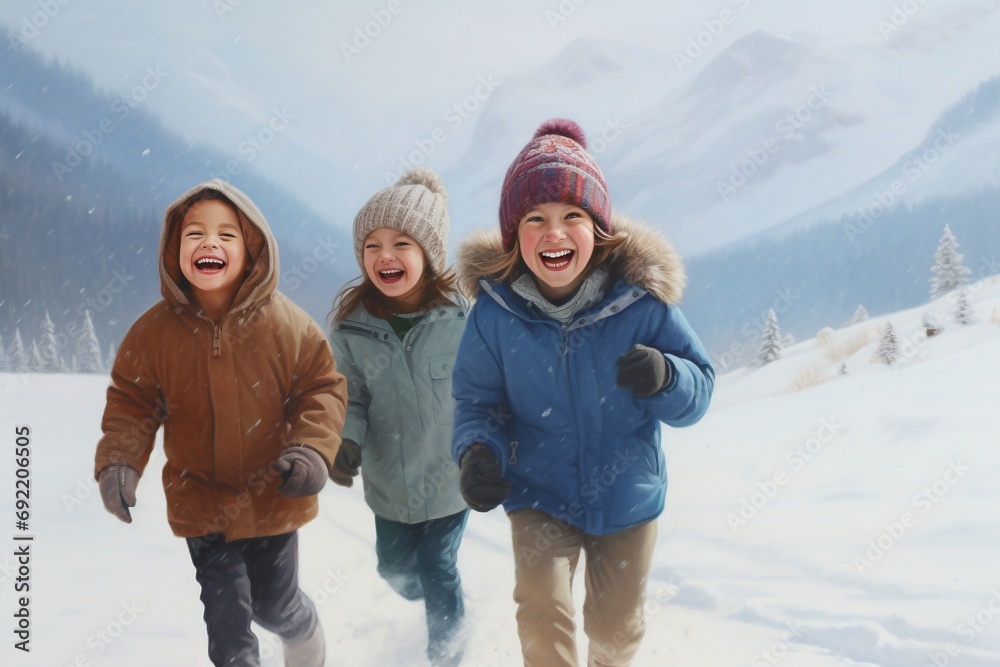 Snowy Peaks Joy: Family and Children Laughing in the Mountains