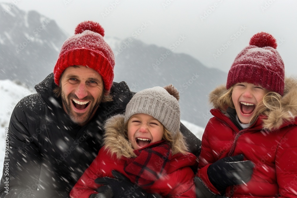 Frosty Laughter: Children and Family Enjoying the Snowy Mountain Atmosphere