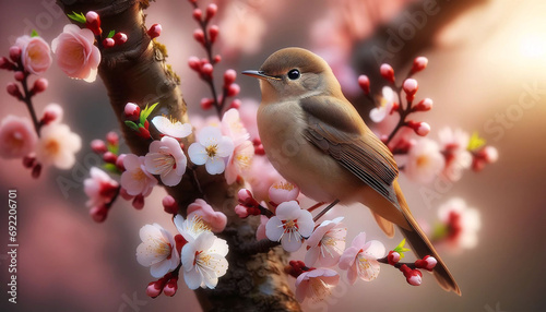 Delightfully beautiful nightingale bird on a flowering tree in spring