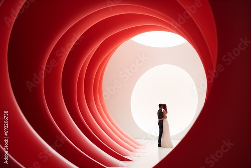 Young happy couple in love standing in big red heart. Valentines day, love, togetherness concept