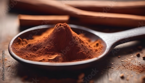 Spoon with cinnamon powder and sticks on wooden table, closeupx photo