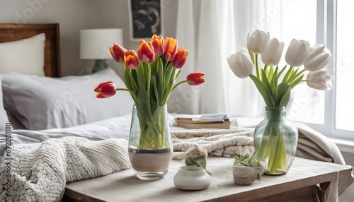 Living room decorated for spring with tulips in a vase on the table, cozy blankets and pillows