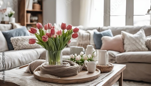 Living room decorated for spring with tulips in a vase on the table, cozy blankets and pillows
